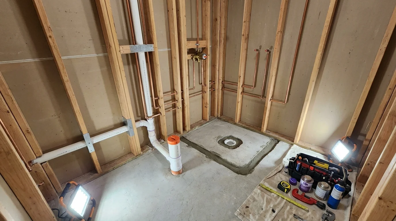 Bathroom rough-in plumbing during remodel by Johns Plumbing LLC in Michigan Center