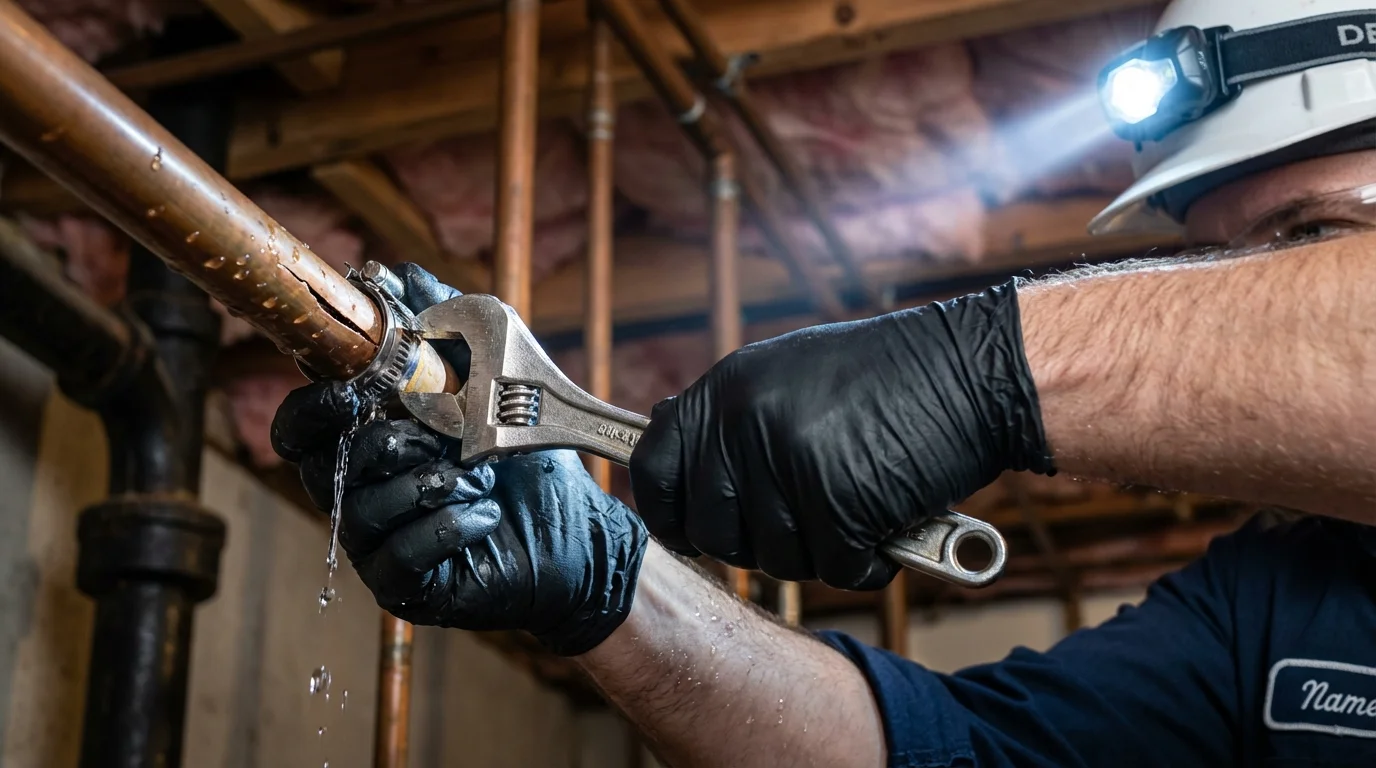 Emergency pipe clamp repair being performed by a Johns Plumbing LLC plumber in Michigan Center