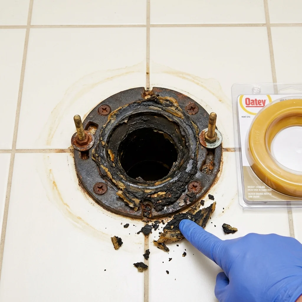 Failed wax ring showing water seepage at the base of a toilet in a Michigan Center, MI home