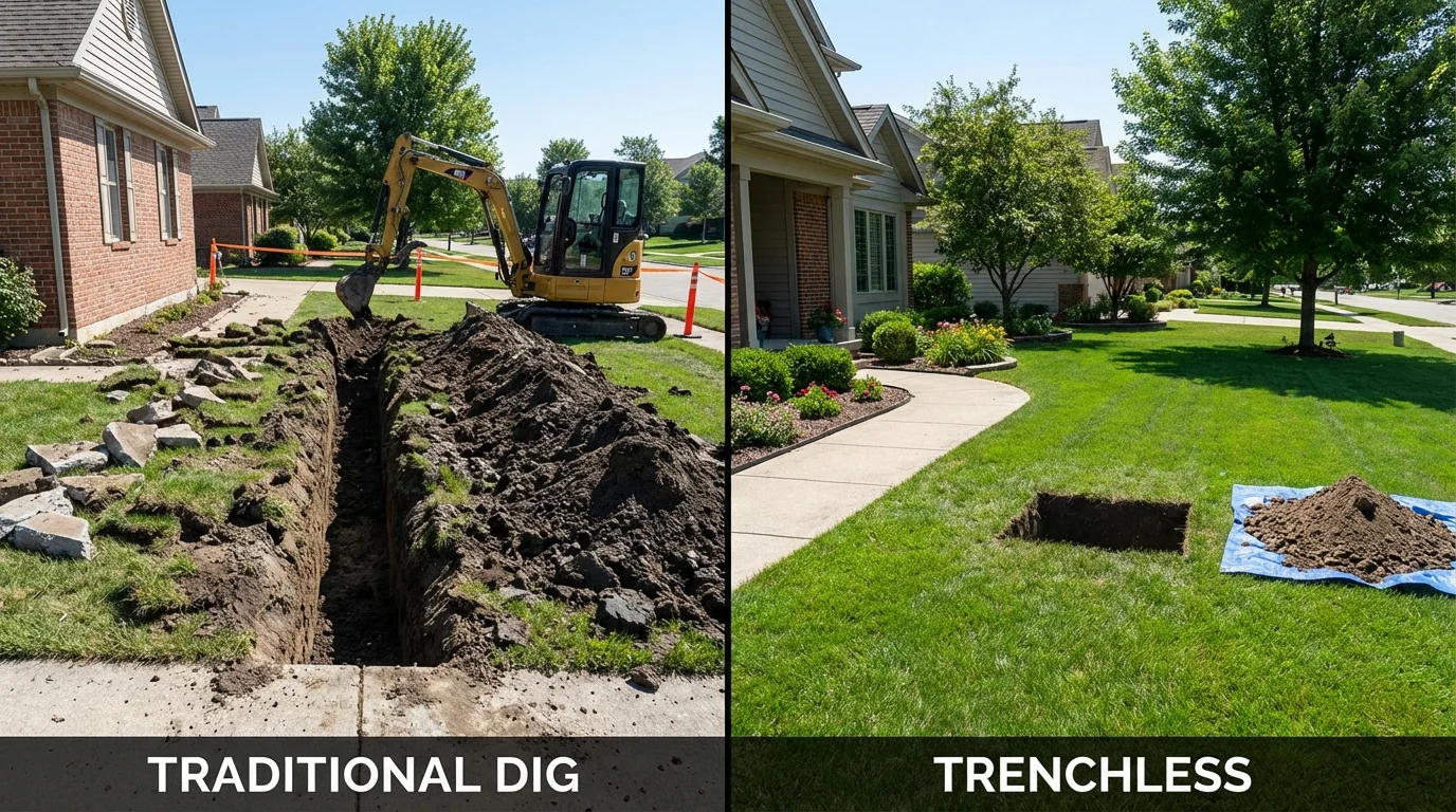 Trenchless sewer repair with minimal yard damage versus traditional excavation in Michigan Center, MI