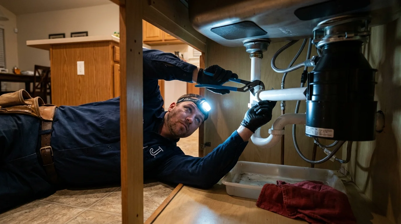 P-trap and supply line connections under a kitchen sink showing a common leak point in Michigan Center, MI